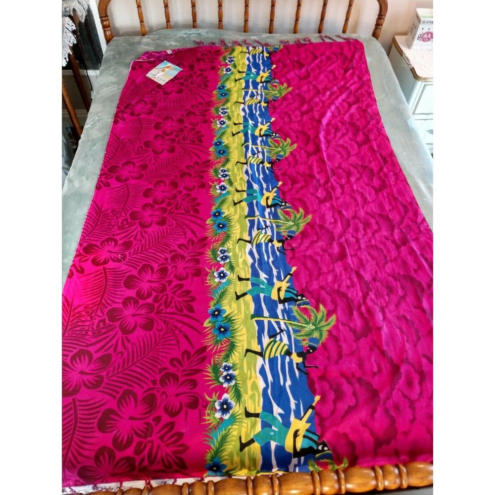 ISLAND EXPRESSION Sarong Swimsuit Cover Fuschia Hibiscus Beach Tassels Cruise